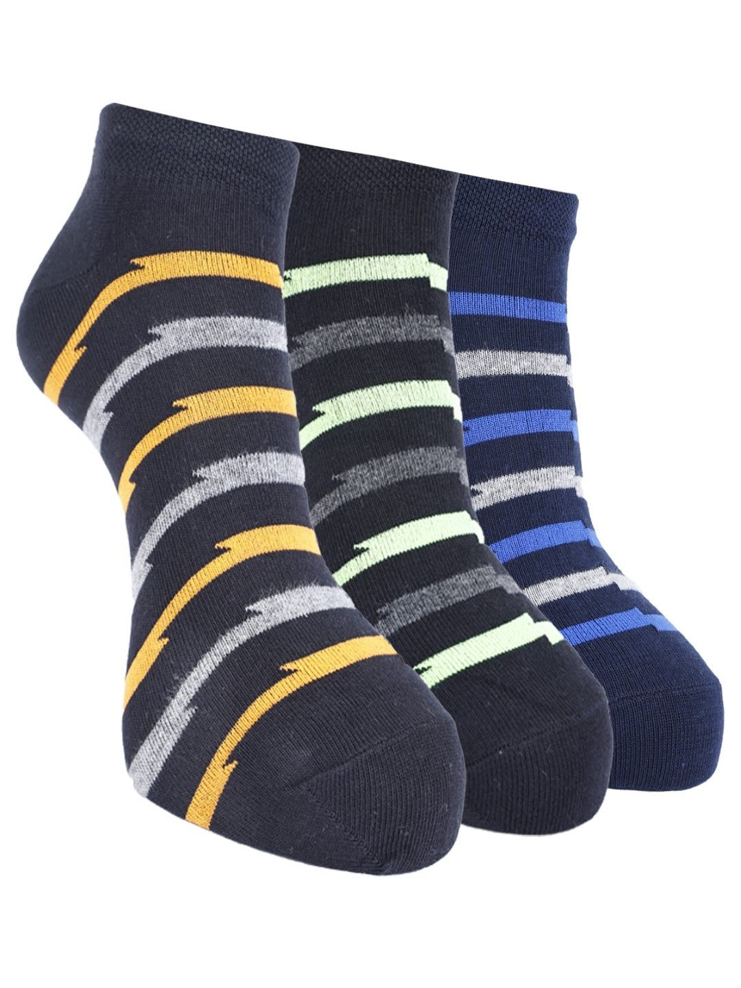 

Force NXT Men Pack Of 3 Striped Cotton Ankle-Length Socks, Navy blue