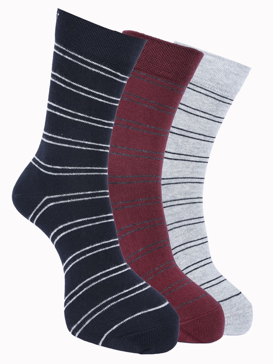 

Force NXT Men Pack Of 3 Striped Cotton Calf -Length Socks, Black