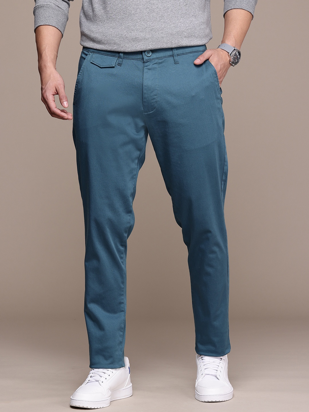 

French Connection Men Solid Casual Chinos Trouser, Teal