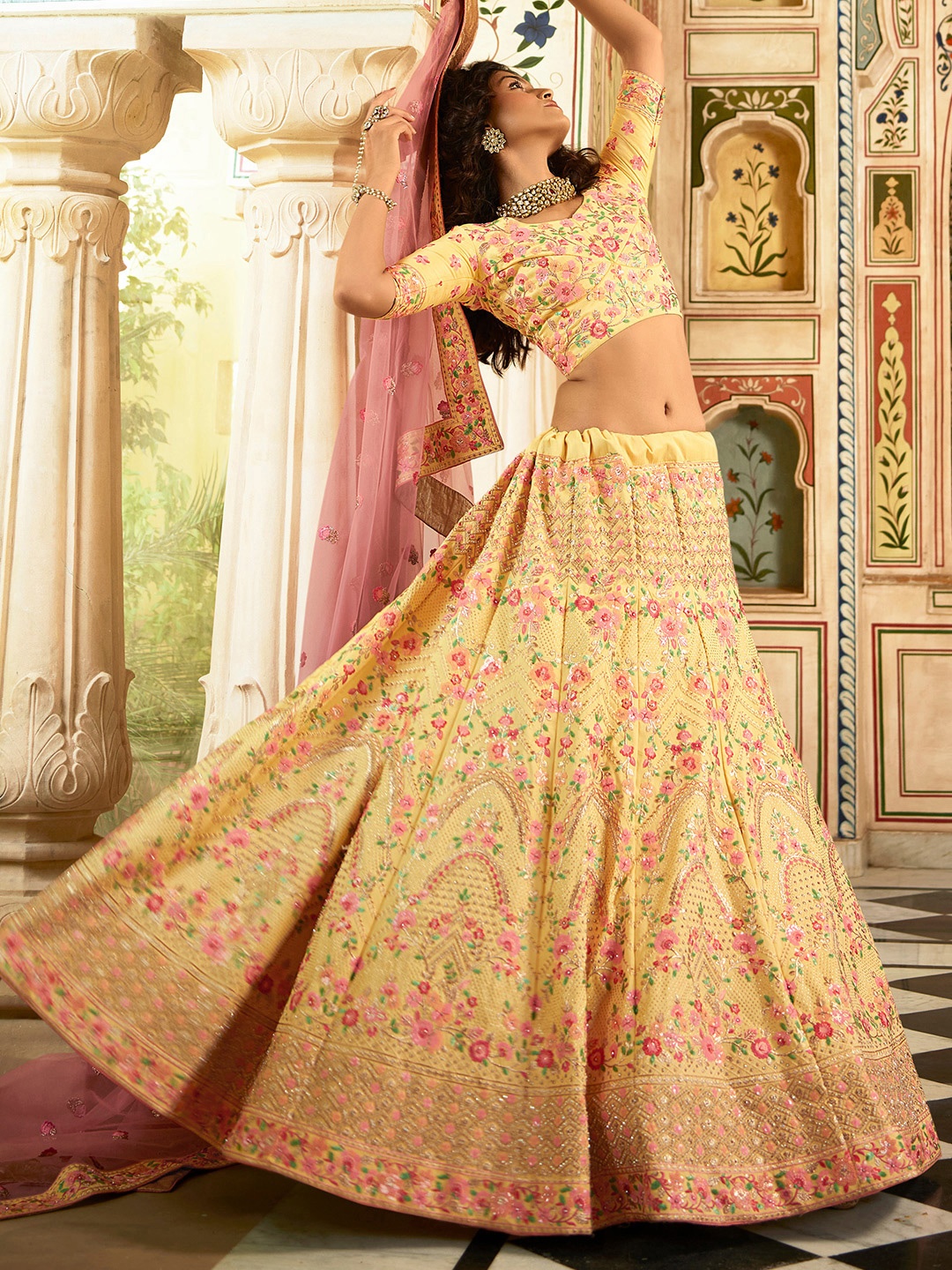 

Fusionic Embroidered Thread Work Semi-Stitched Lehenga & Unstitched Blouse With Dupatta, Yellow