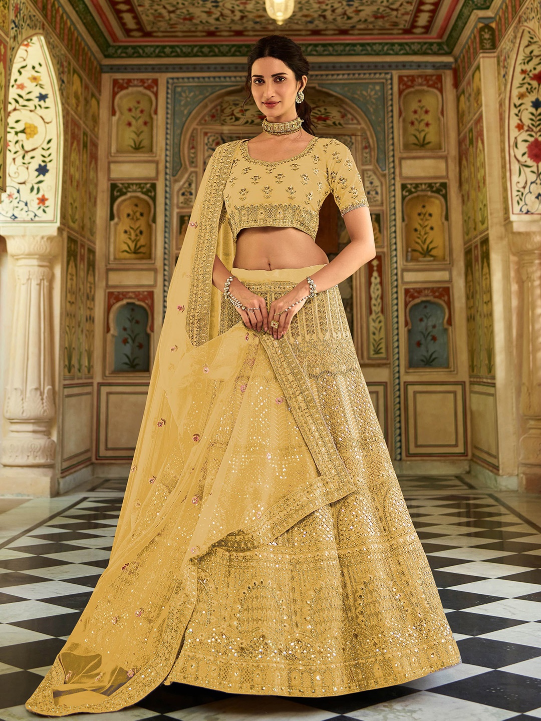 

Fusionic Embroidered Sequinned Semi-Stitched Lehenga & Unstitched Blouse With Dupatta, Yellow