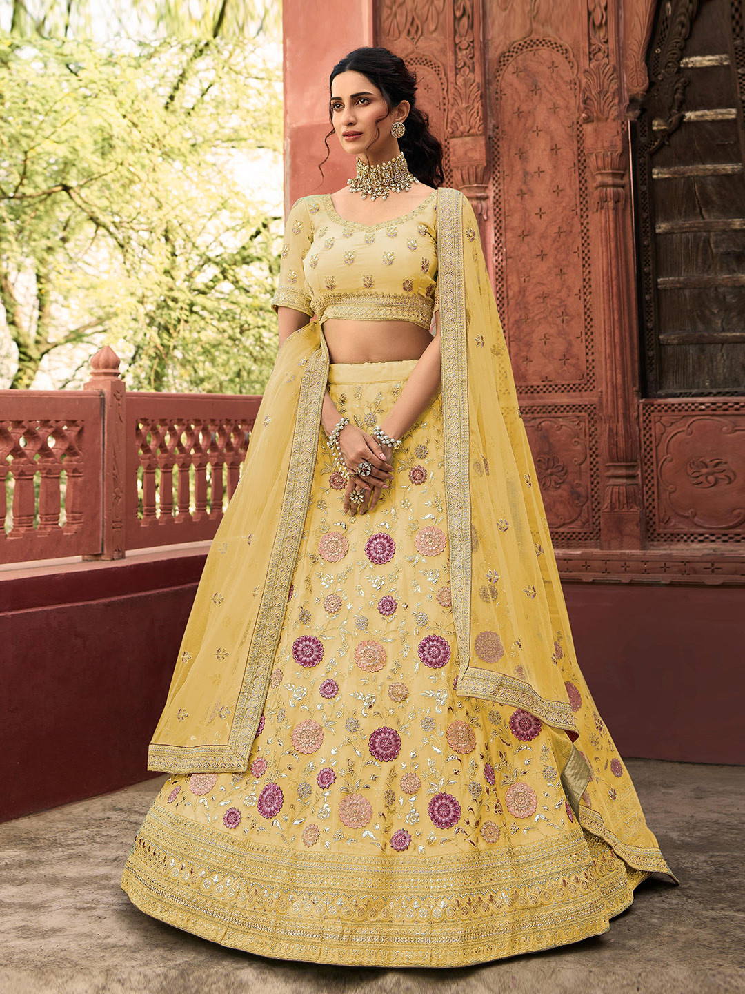

Fusionic Embroidered Thread Work Semi-Stitched Lehenga & Unstitched Blouse With Dupatta, Yellow