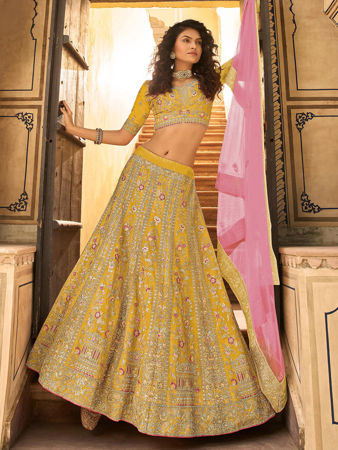

Fusionic Embroidered Thread Work Semi-Stitched Lehenga & Unstitched Blouse With Dupatta, Mustard