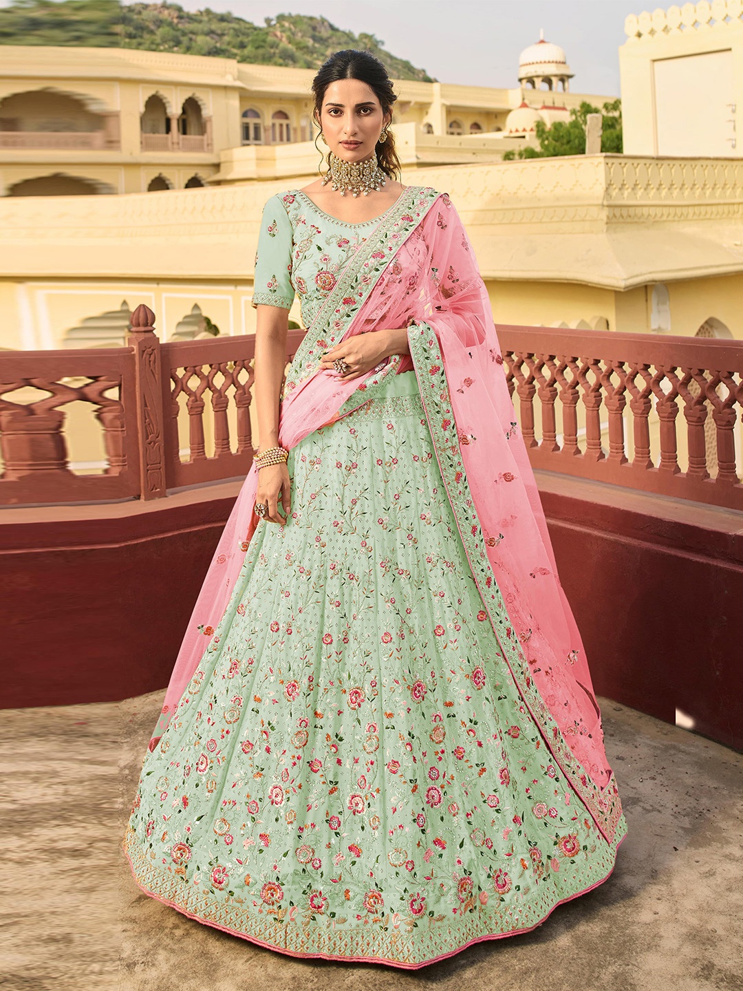 

Fusionic Embroidered Thread Work Semi-Stitched Lehenga & Unstitched Blouse With Dupatta, Green