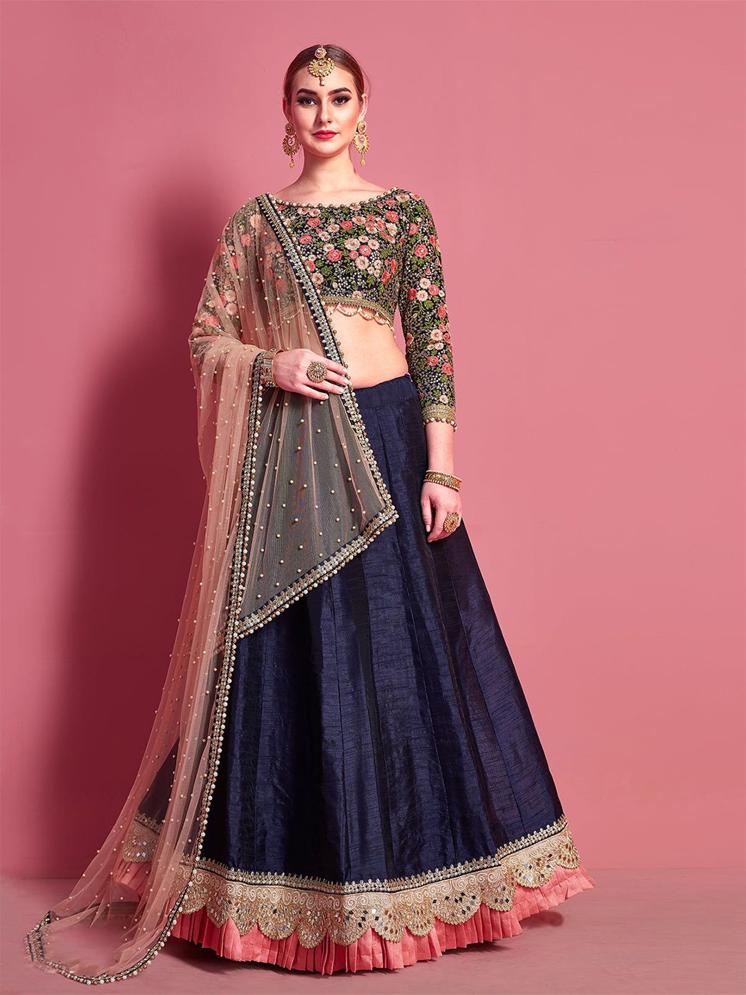 

Fusionic Embroidered Thread Work Semi-Stitched Lehenga & Unstitched Blouse With Dupatta, Navy blue