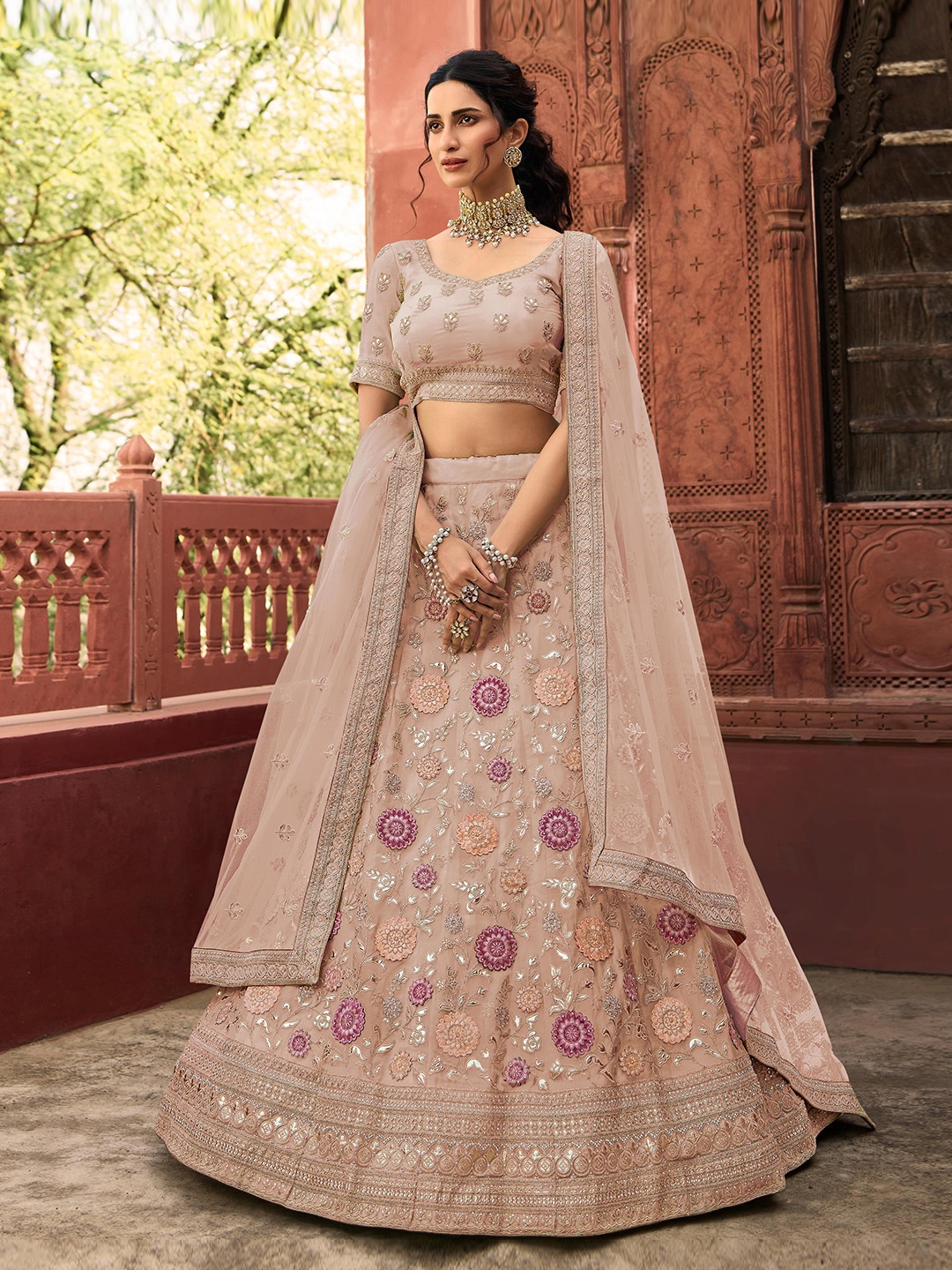 

Fusionic Embroidered Thread Work Semi-Stitched Lehenga & Unstitched Blouse With Dupatta, Beige