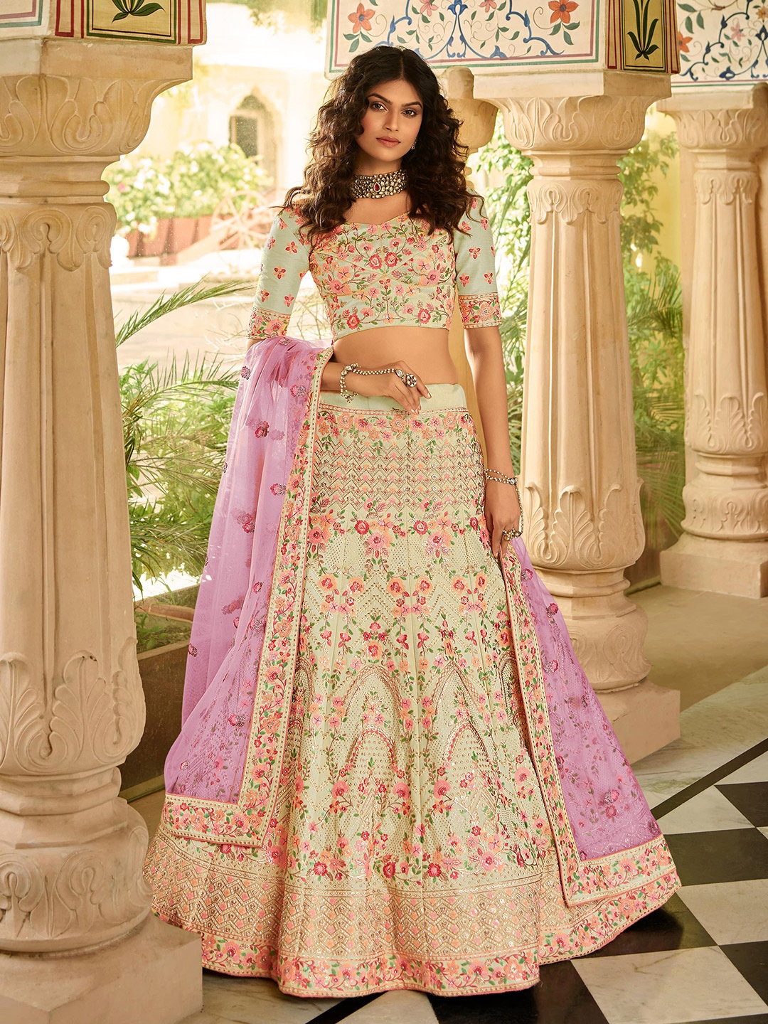 

Fusionic Embroidered Semi-Stitched Lehenga & Unstitched Blouse With Dupatta, Green