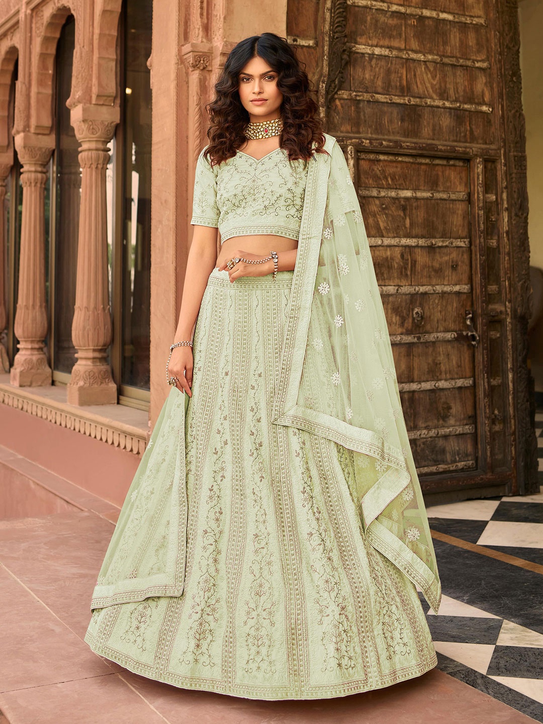 

Fusionic Embroidered Thread Work Semi-Stitched Lehenga & Unstitched Blouse With Dupatta, Green