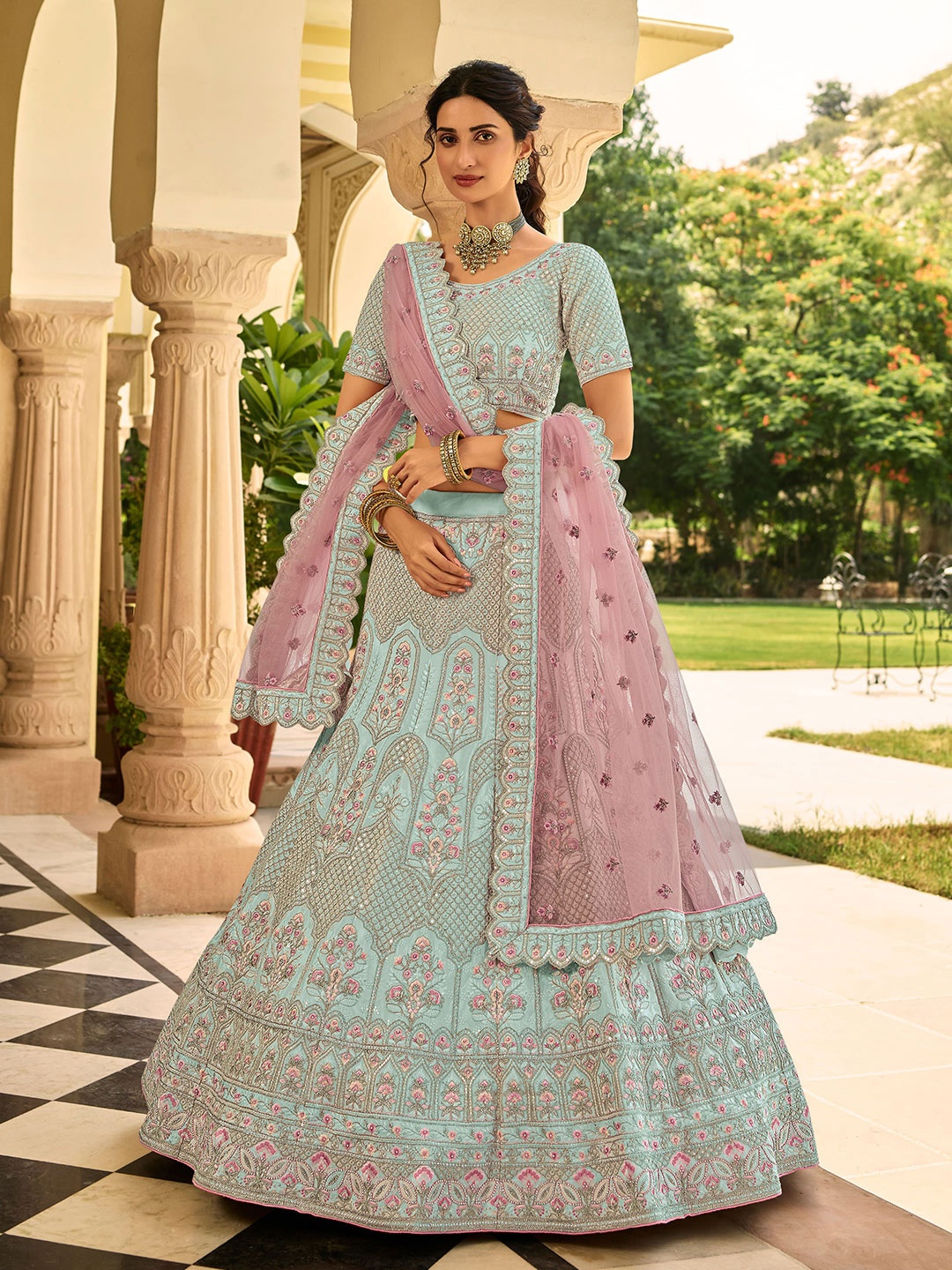 

Fusionic Embroidered Semi-Stitched Lehenga & Unstitched Blouse With Dupatta, Sea green