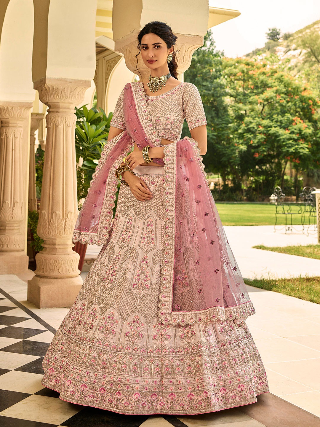 

Fusionic Embroidered Semi-Stitched Lehenga & Unstitched Blouse With Dupatta, Peach