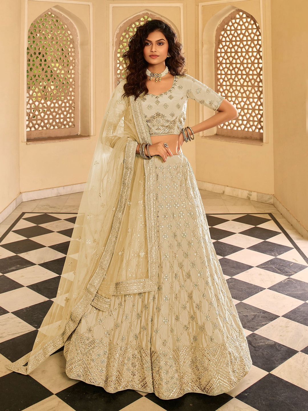 

Fusionic Embroidered Semi-Stitched Lehenga & Unstitched Blouse With Dupatta, Beige