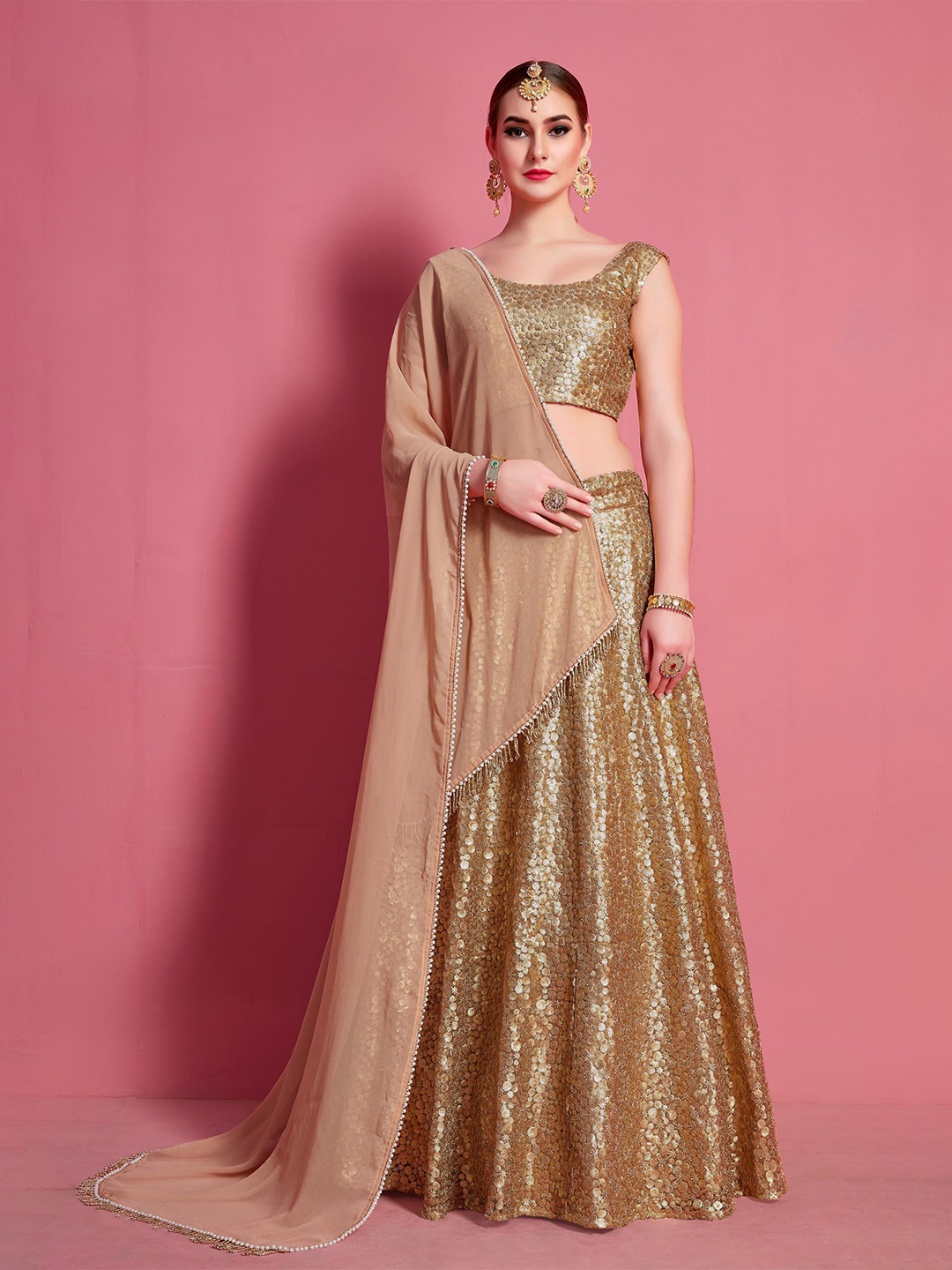 

Fusionic Embroidered Sequinned Semi-Stitched Lehenga & Unstitched Blouse With Dupatta, Beige