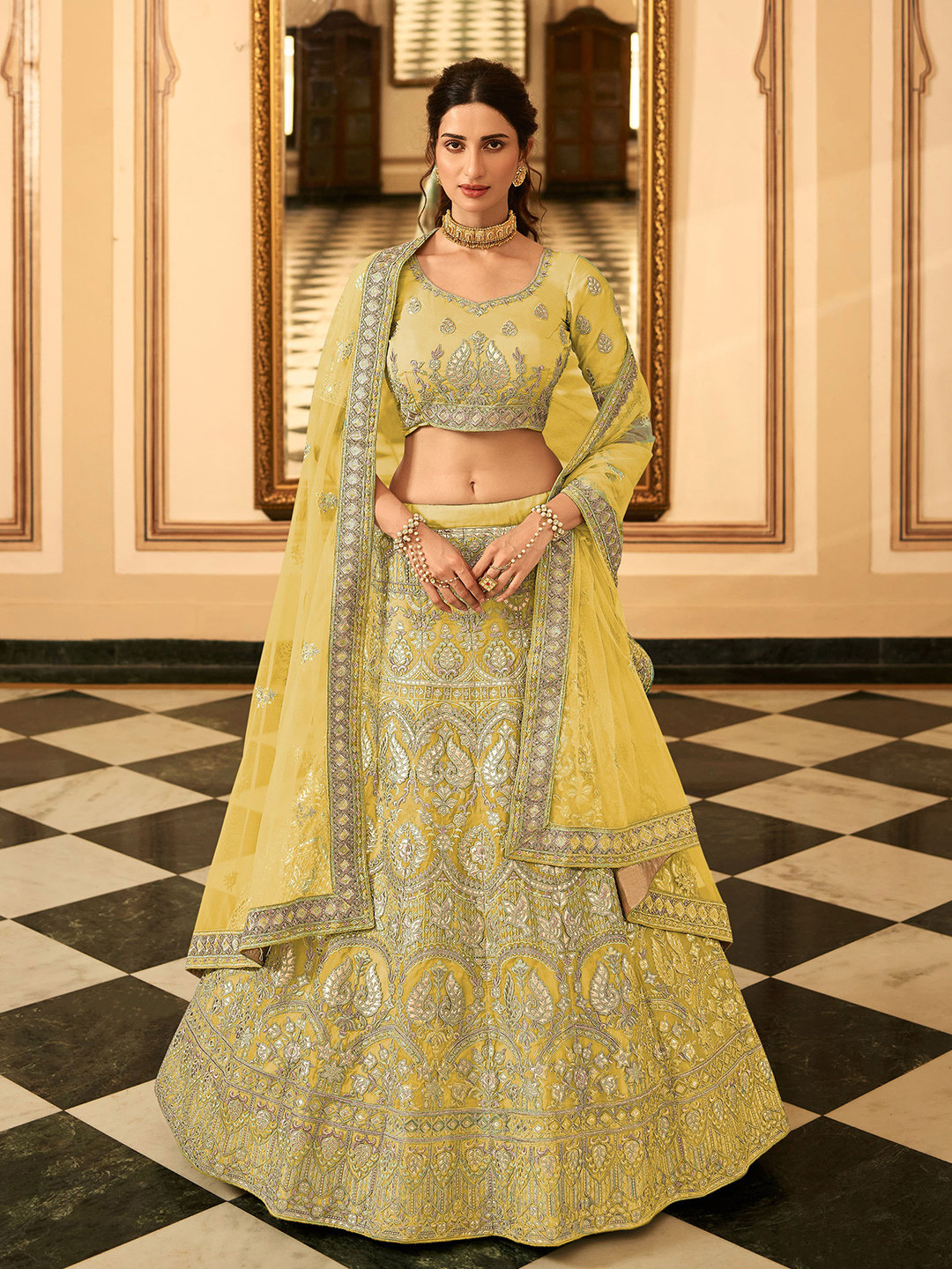 

Fusionic Embroidered Thread Work Semi-Stitched Lehenga & Unstitched Blouse With Dupatta, Yellow