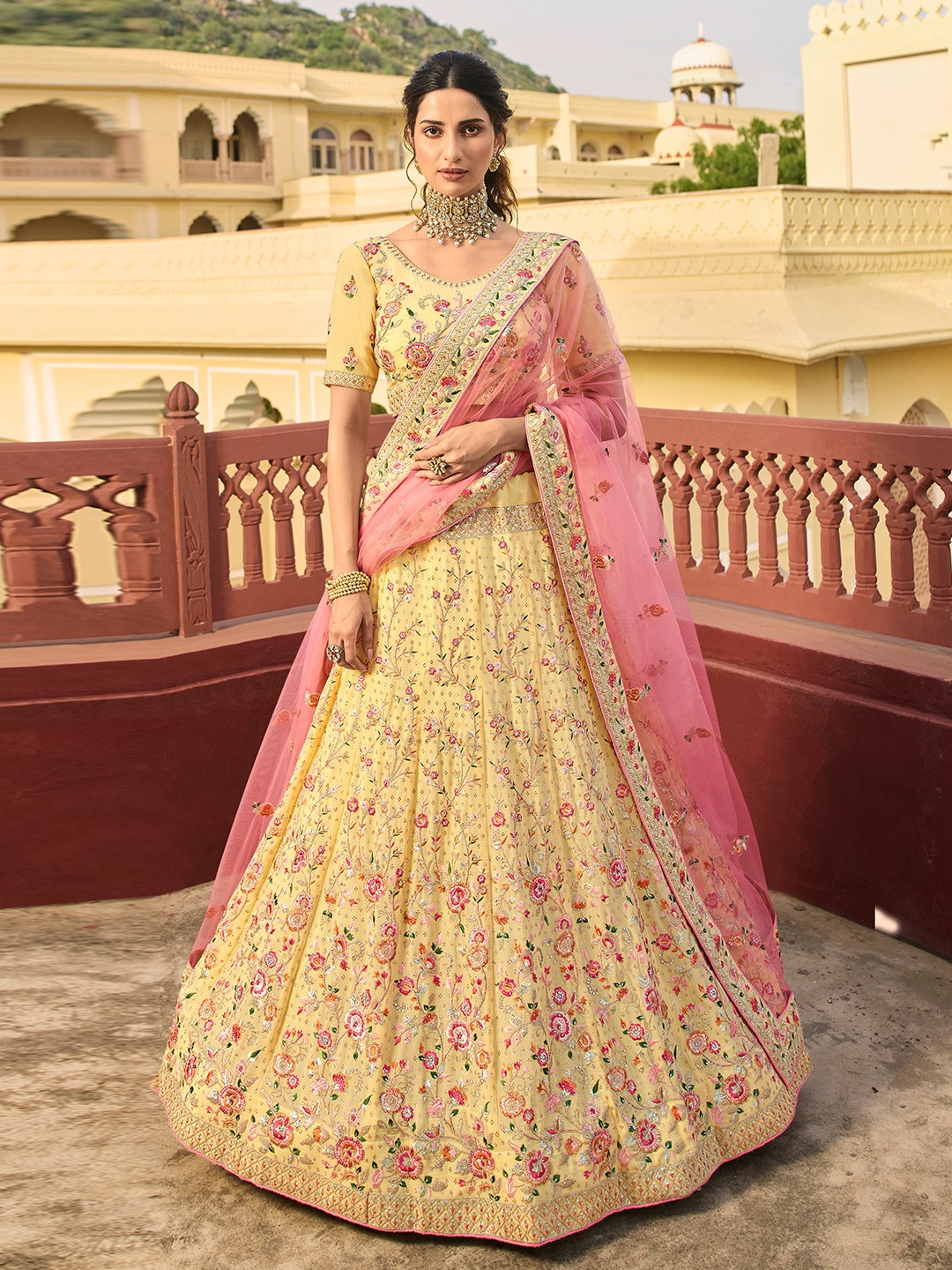 

Fusionic Embroidered Semi-Stitched Lehenga & Unstitched Blouse With Dupatta, Yellow