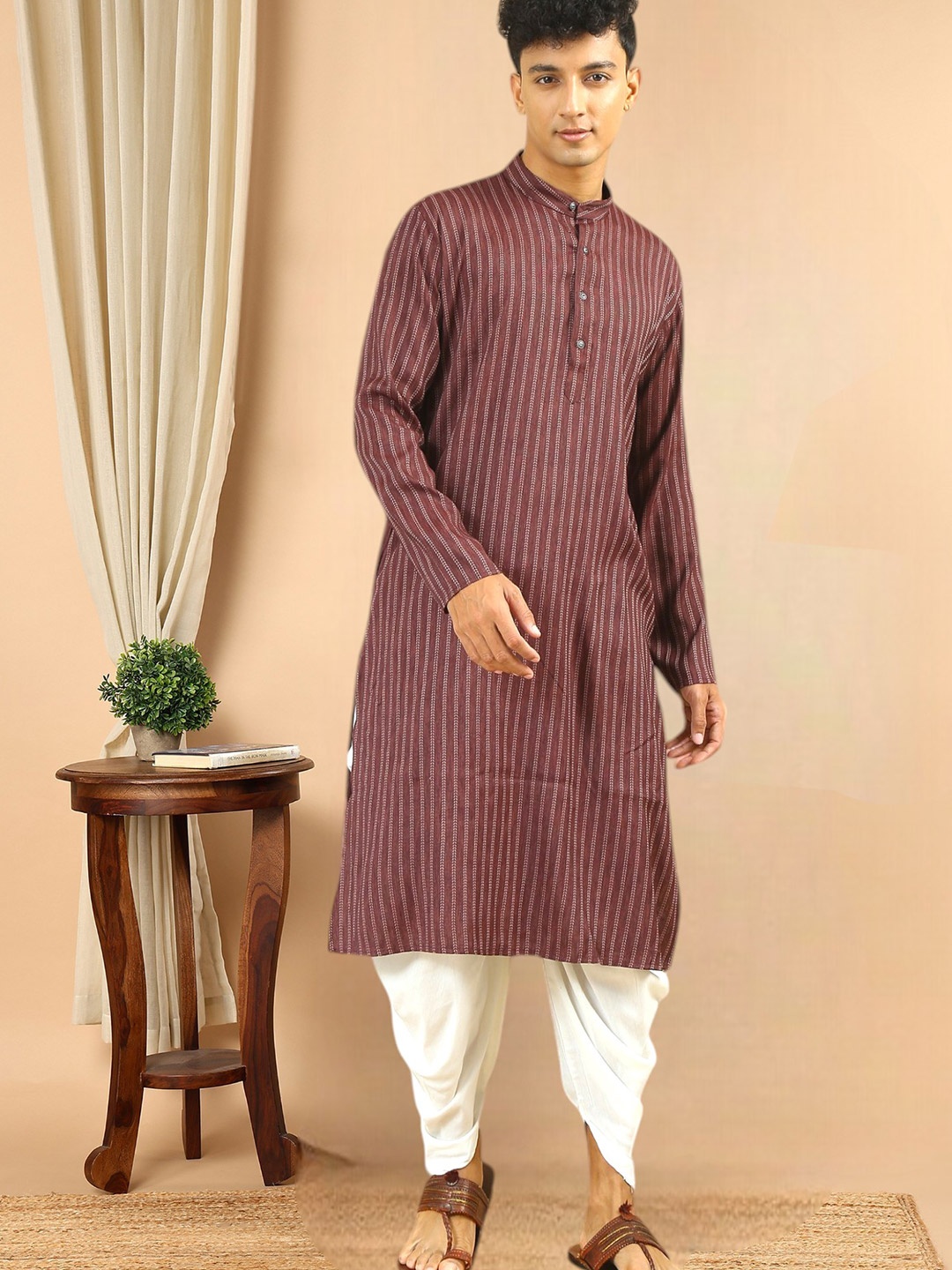 

TATTVA Men Striped Regular Pure Cotton Kurta with Dhoti Pants, Brown
