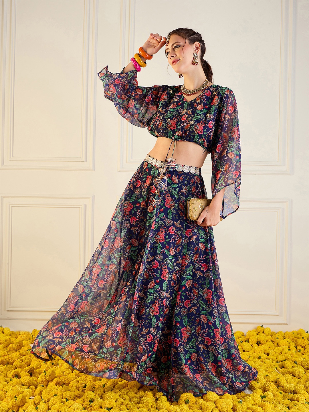 

Shae by SASSAFRAS Printed Ready to Wear Lehenga With Blouse, Navy blue