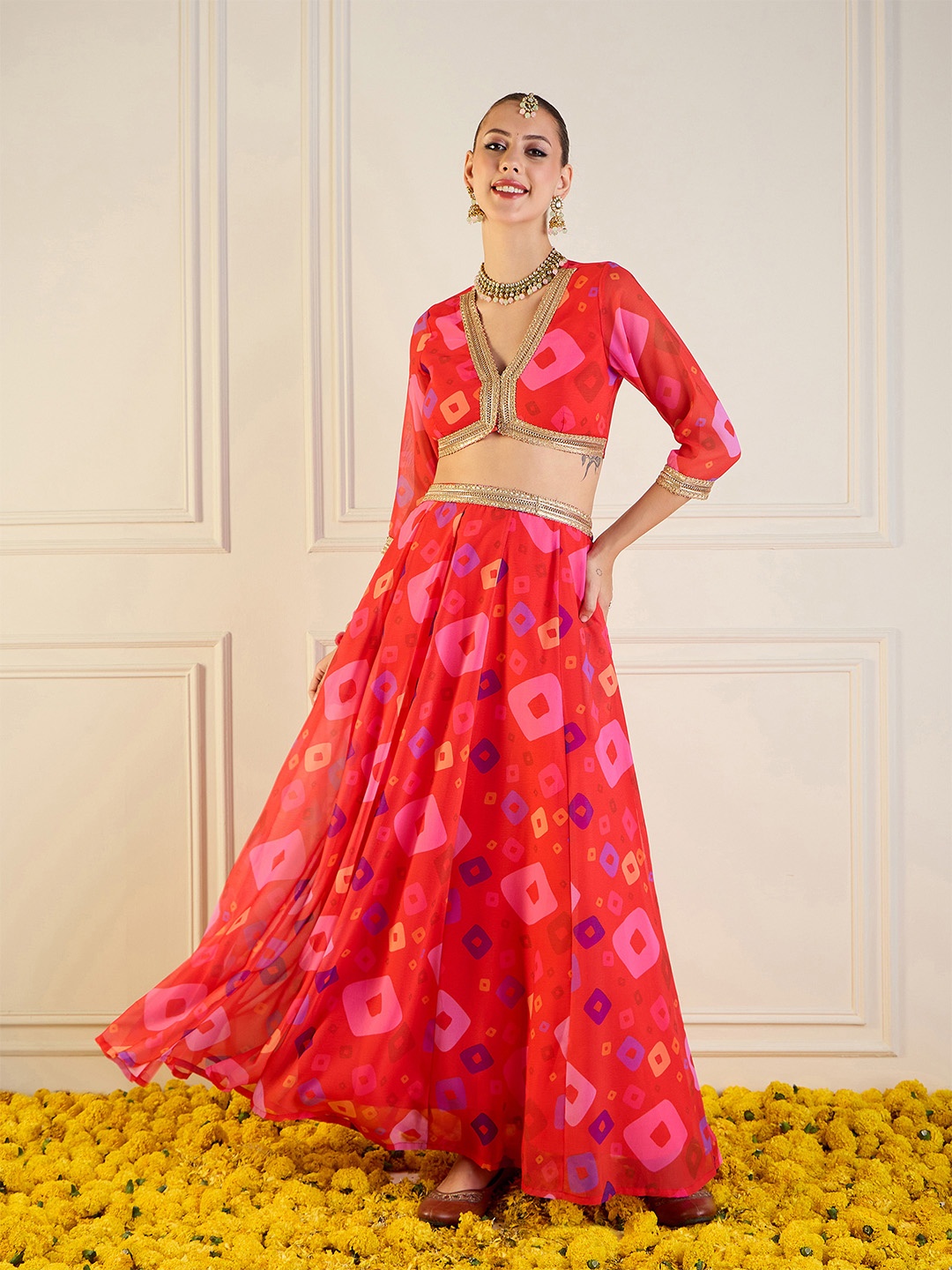 

Shae by SASSAFRAS Printed Ready to Wear Lehenga &, Red