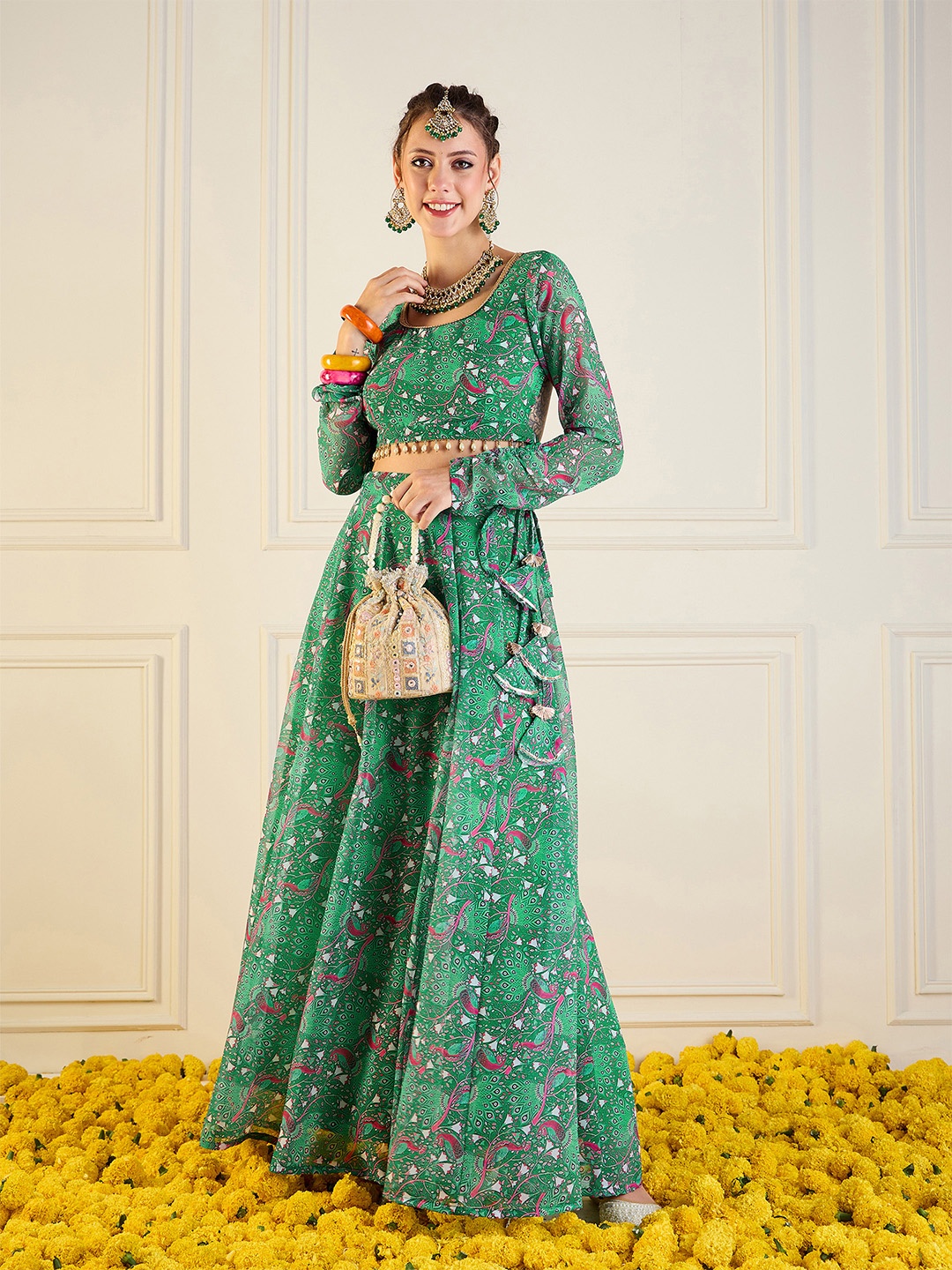 

Shae by SASSAFRAS Printed Ready to Wear Lehenga With Blouse, Green