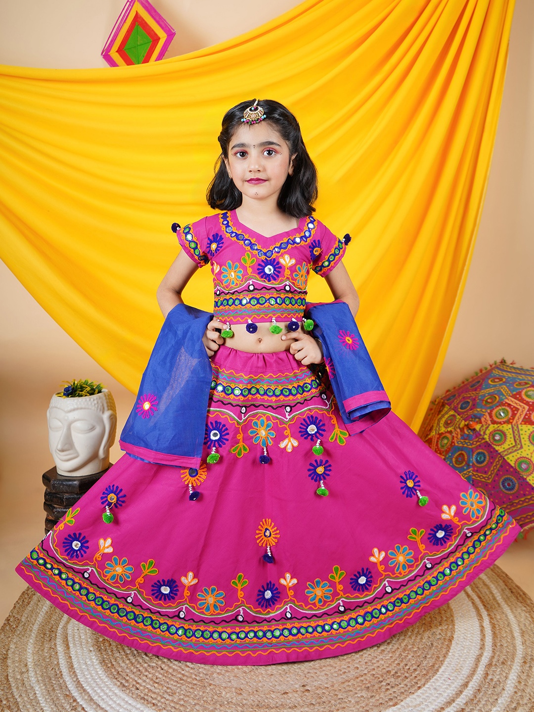 ahhaaaa Girls Embroidered Mirror Work Ready to Wear Lehenga & Blouse With Dupatta, Pink