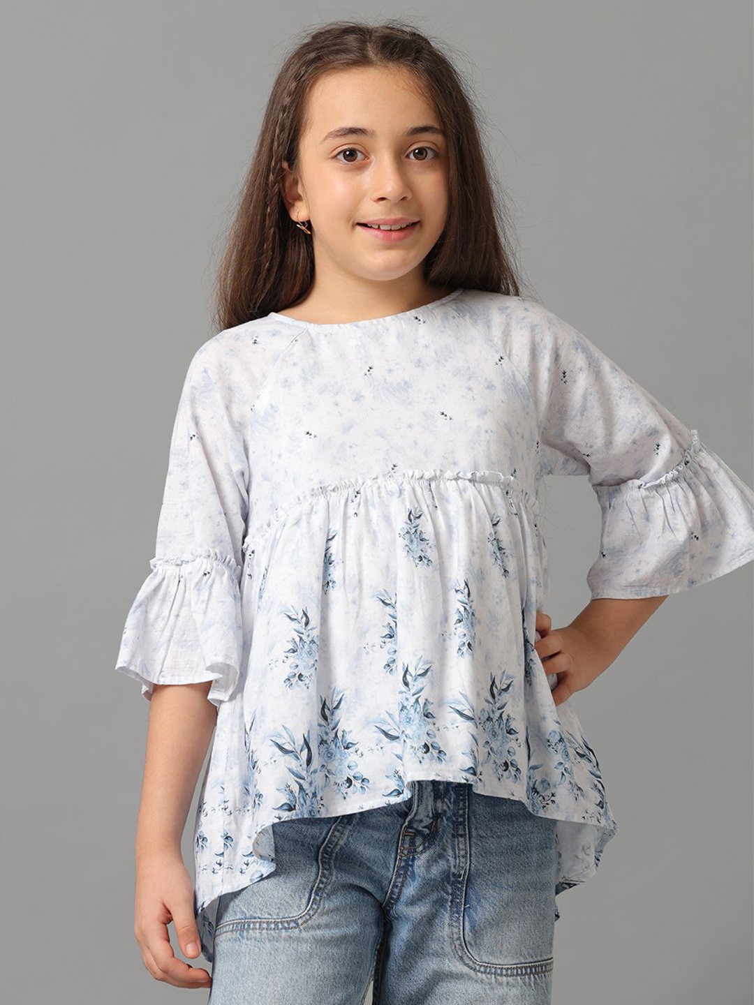 

UNDER FOURTEEN ONLY Floral Print Bell Sleeve Cotton Top, Blue