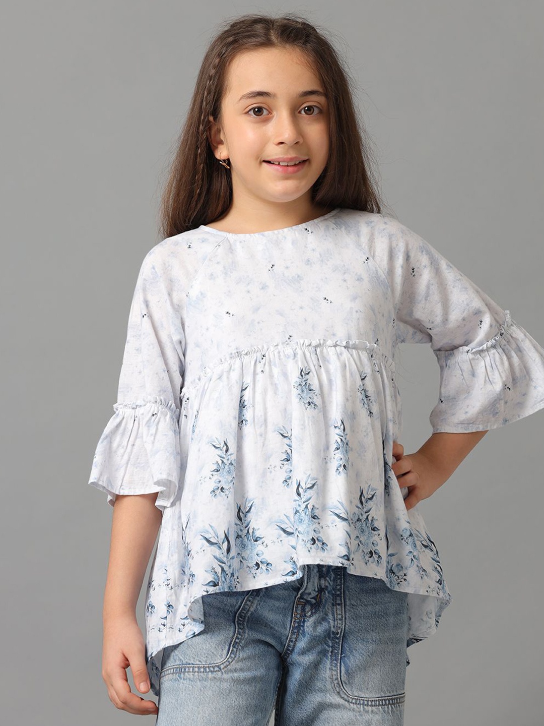 

UNDER FOURTEEN ONLY Floral Print Bell Sleeve Cotton Top, Blue