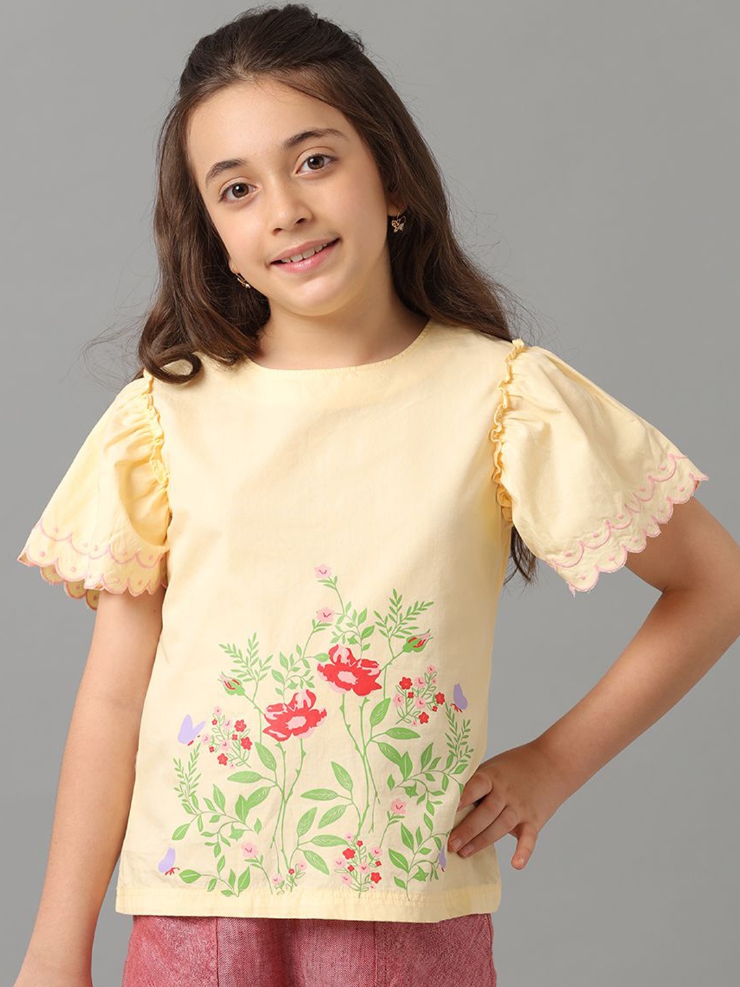 

UNDER FOURTEEN ONLY Floral Print Flutter Sleeve Cotton Top, Yellow