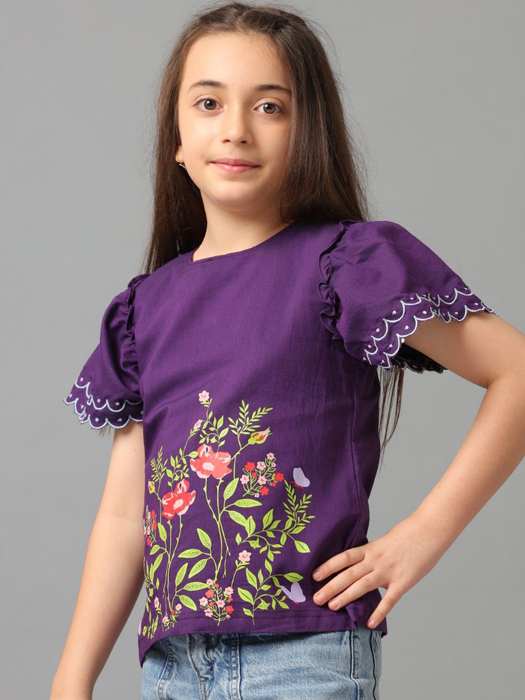 

UNDER FOURTEEN ONLY Floral Print Flutter Sleeve Cotton Top, Purple