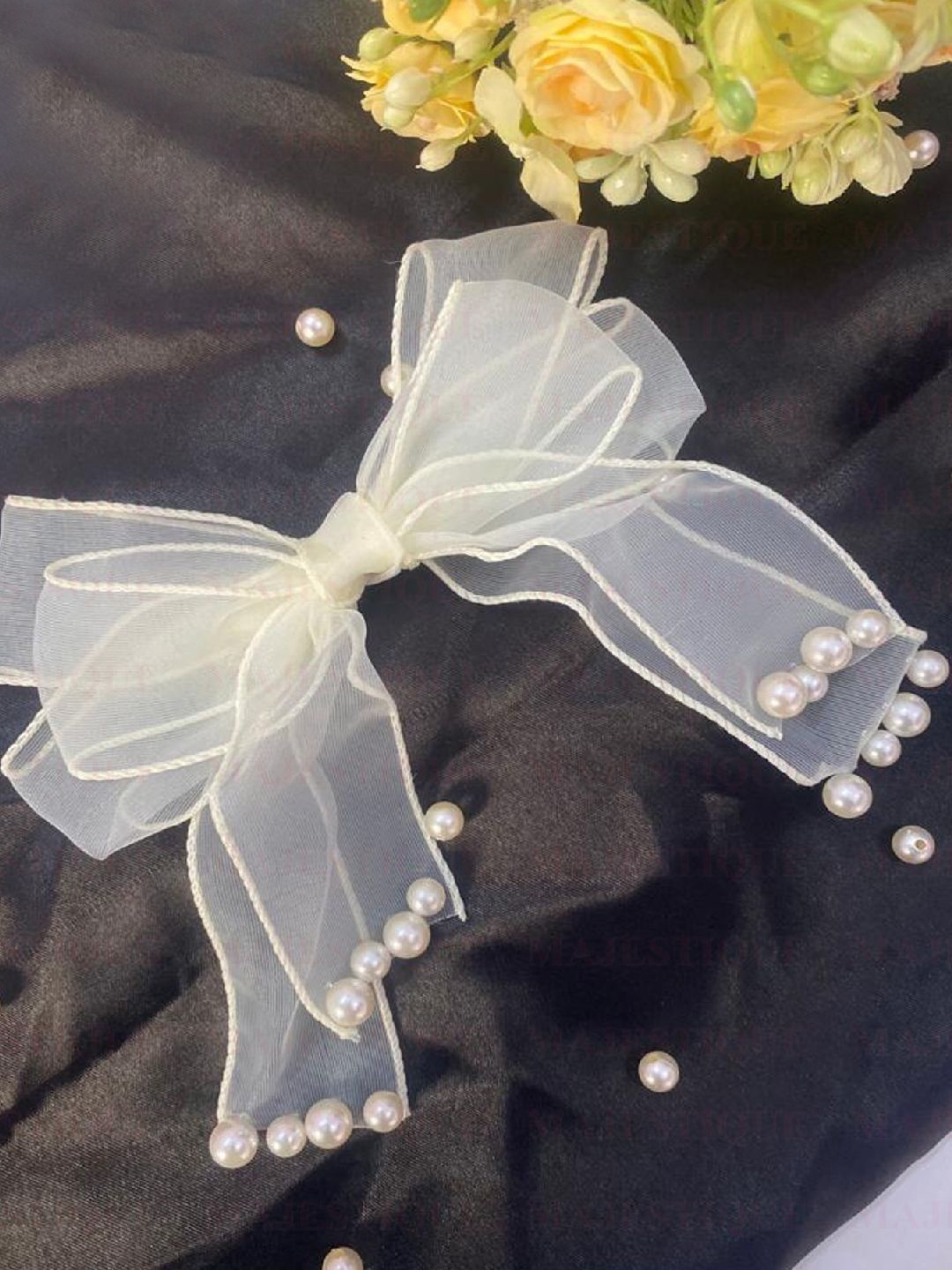 

MAJESTIQUE 1pc Pearl Ribbon Hair Bow, White