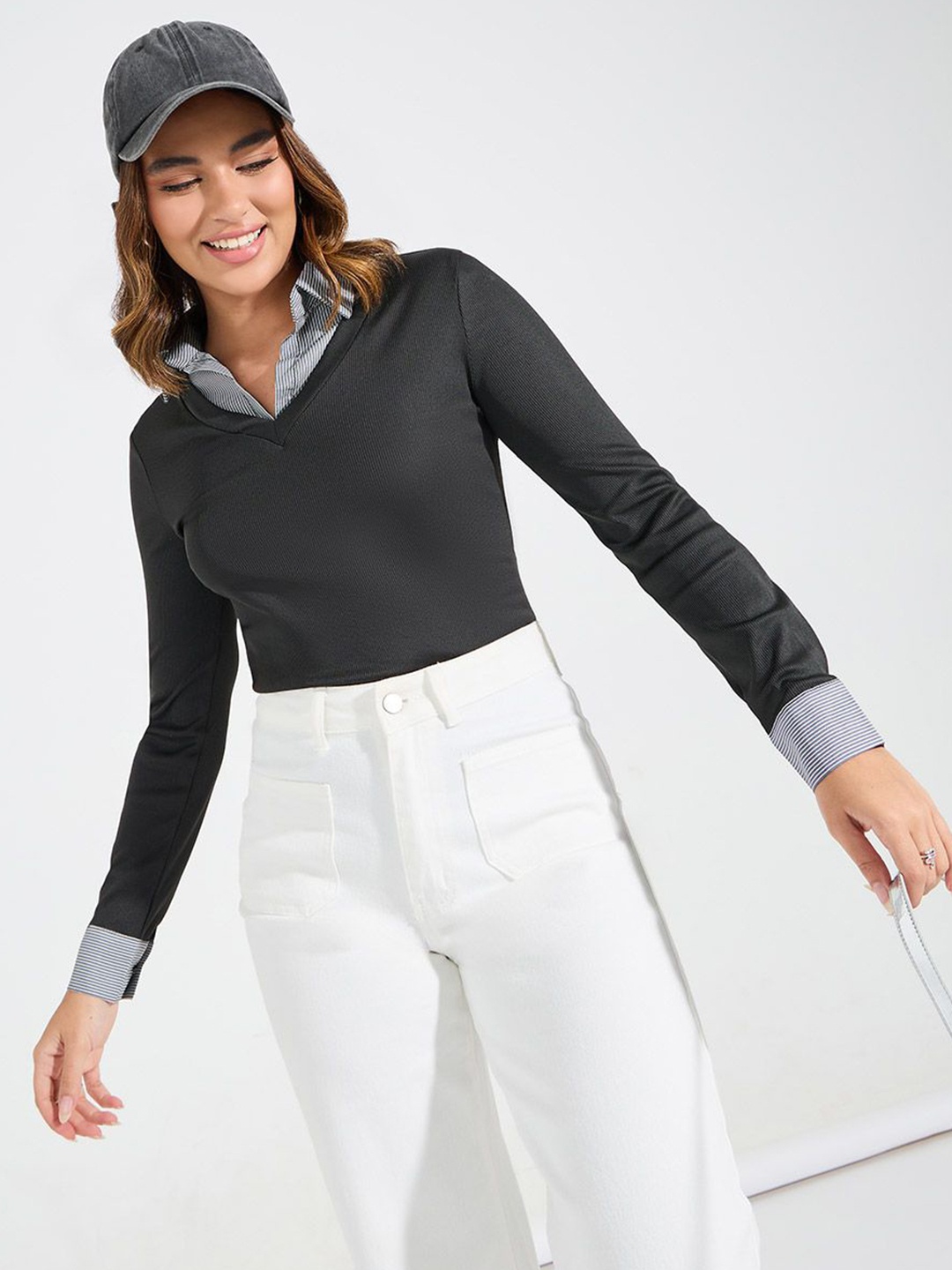 

Styli Women Long Sleeves Rib Top with Shirt Collar, Black