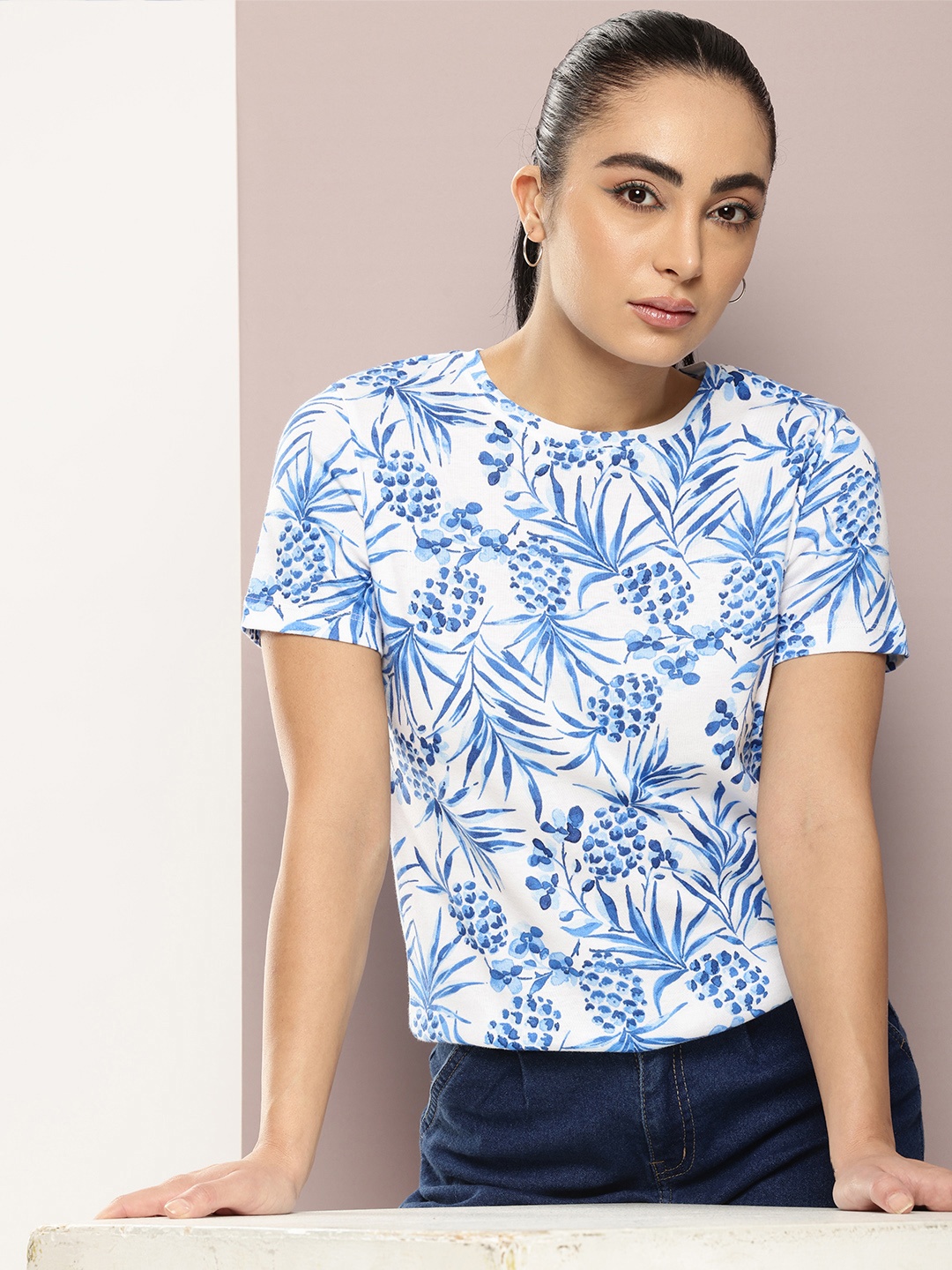 

Kook N Keech Floral Printed Ribbed Pure Cotton T-shirt, White