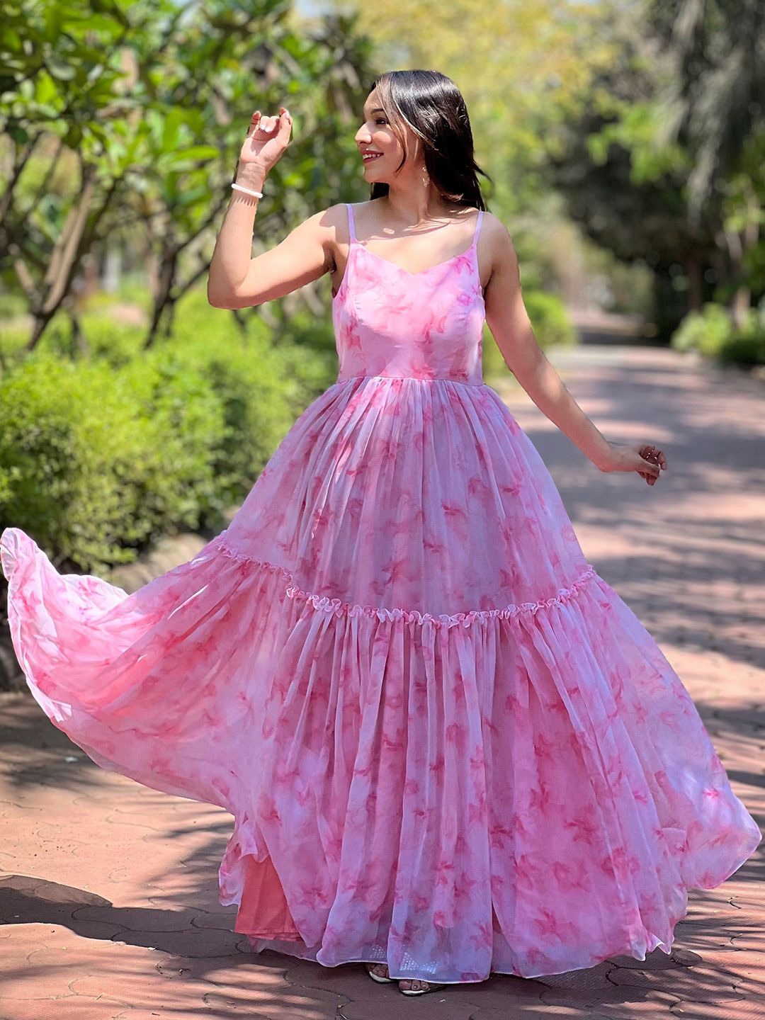 

PATLIPALLU Tie and Dye Dyed Georgette Maxi Dress, Pink