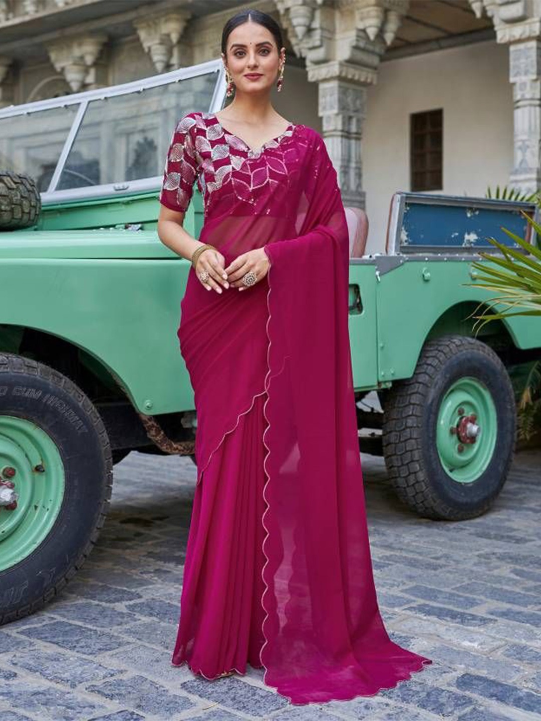 

ISHA TRADE Pure Georgette Heavy Work Saree, Pink