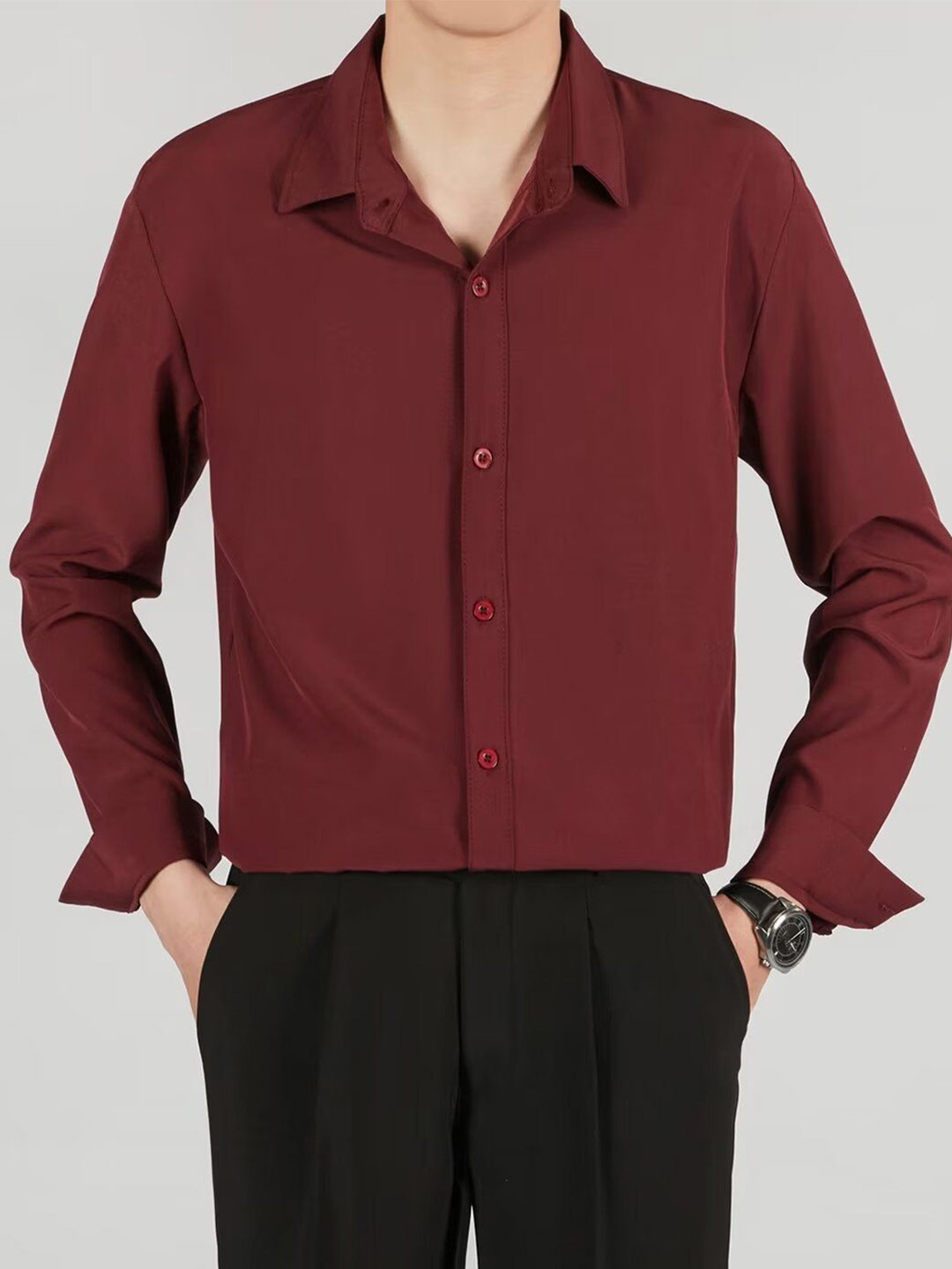 

StyleCast Men Spread Collar Solid Polyester Casual Shirt, Maroon
