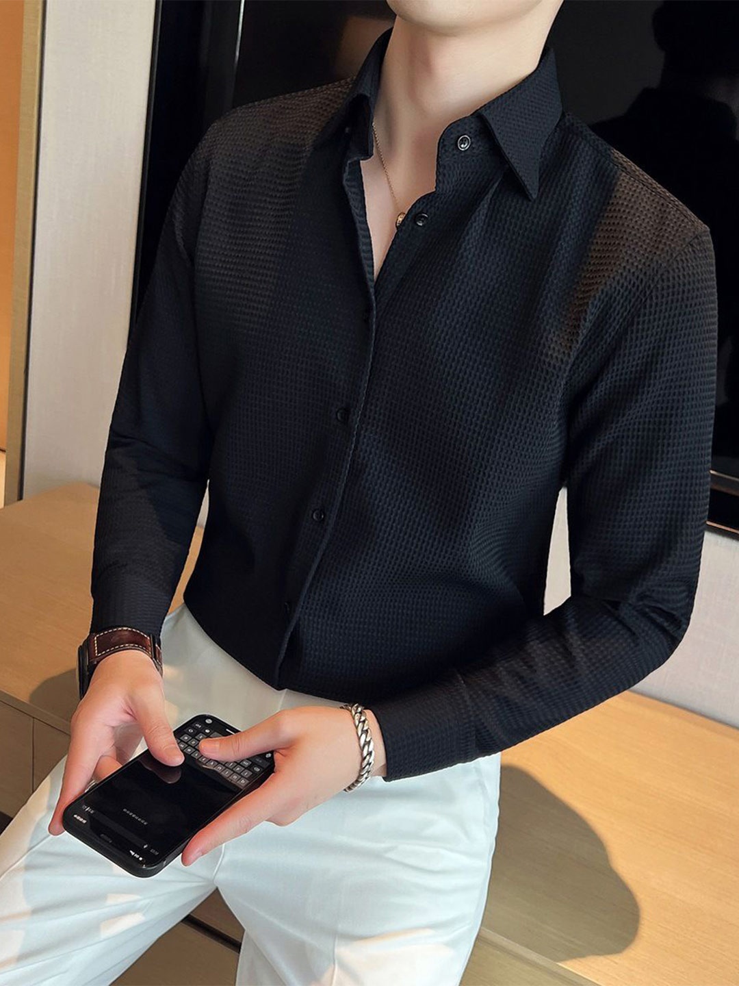 

StyleCast Men Spread Collar Textured Solid Polyester Casual Shirt, Black