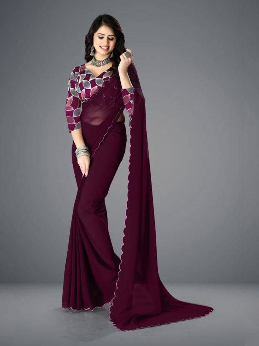 

Ashiya Fab Pure Georgette Heavy Work Saree, Purple