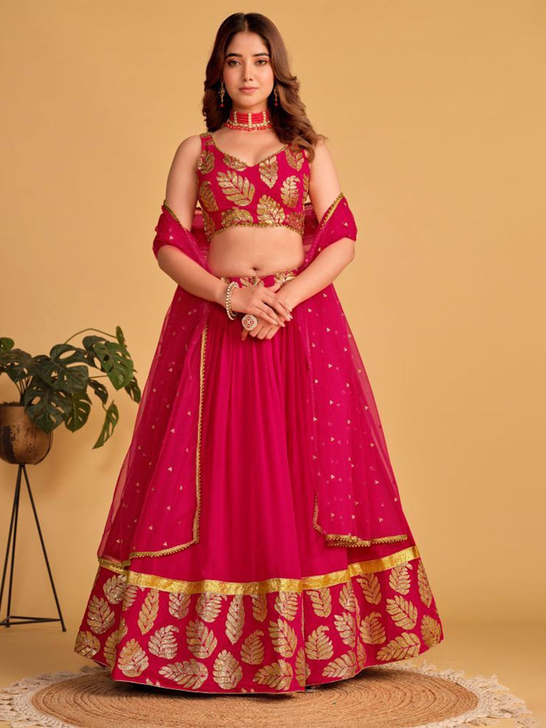 

Fashionuma Embroidered Semi-Stitched Lehenga & Blouse With Dupatta, Pink