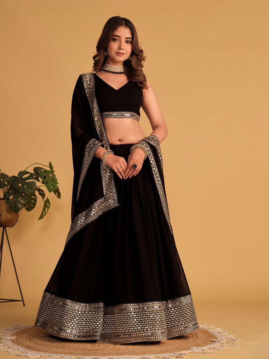 

Fashionuma Embroidered Mirror Work Unstitched Lehenga & Semi-Stitched Blouse With Dupatta, Black