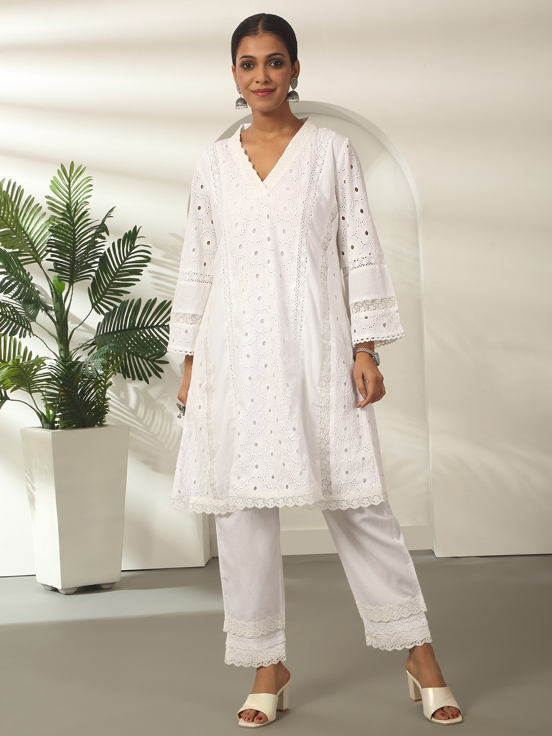 

Likha Schiffli Embroidered Cotton A Line Kurta Pant & Dupatta, Off white