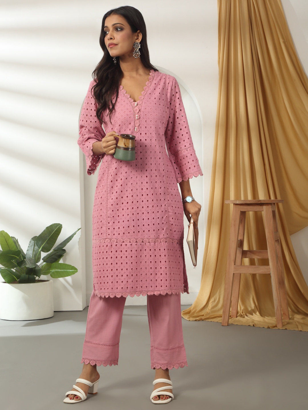 

Likha Cotton Schiffli Embroidered Mauve Kurta & Pant