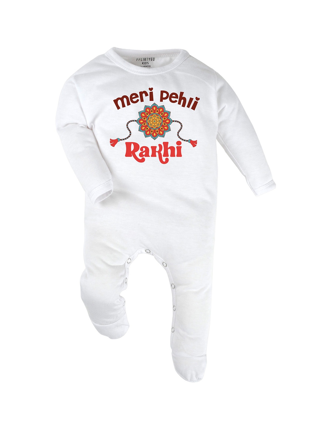 

FFLIRTYGO Infants Rakhi Special Printed Pure Cotton Sleepsuit, White