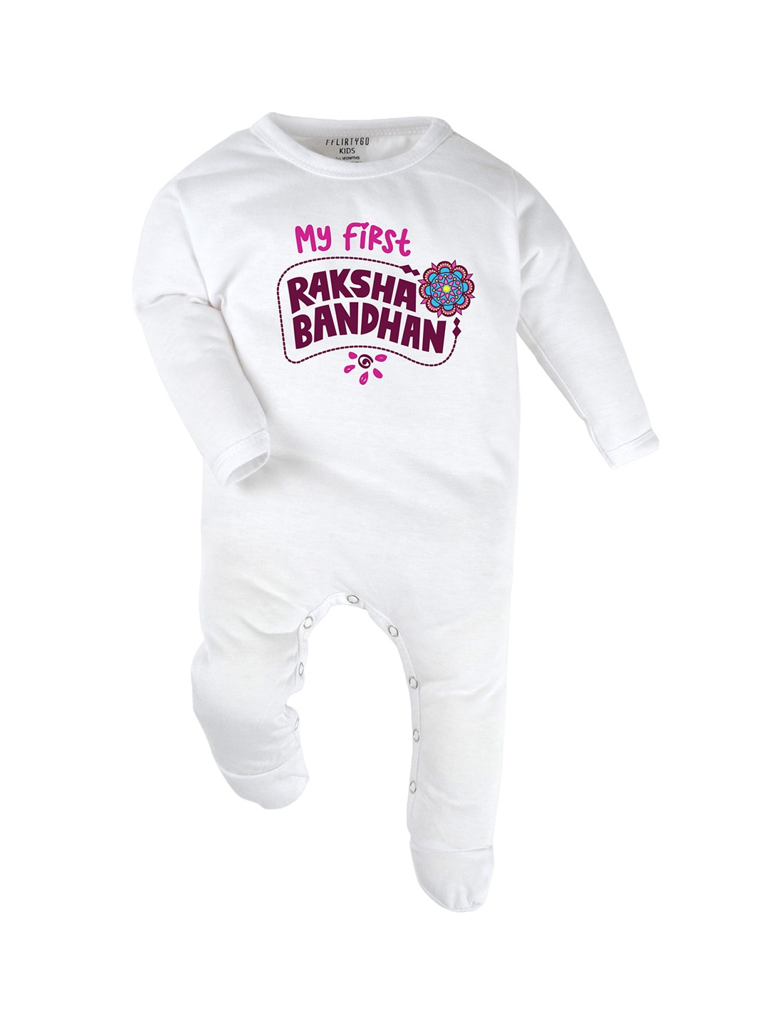 

FFLIRTYGO Infants Rakhi Special Printed Pure Cotton Sleepsuit, White