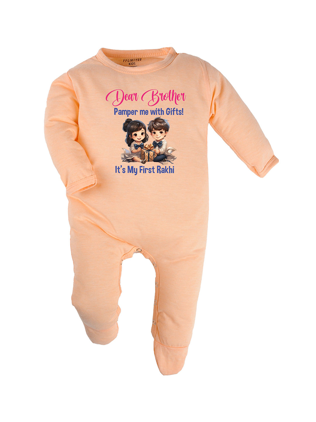 

FFLIRTYGO Infants Rakhi Special Printed Pure Cotton Sleepsuit, Peach