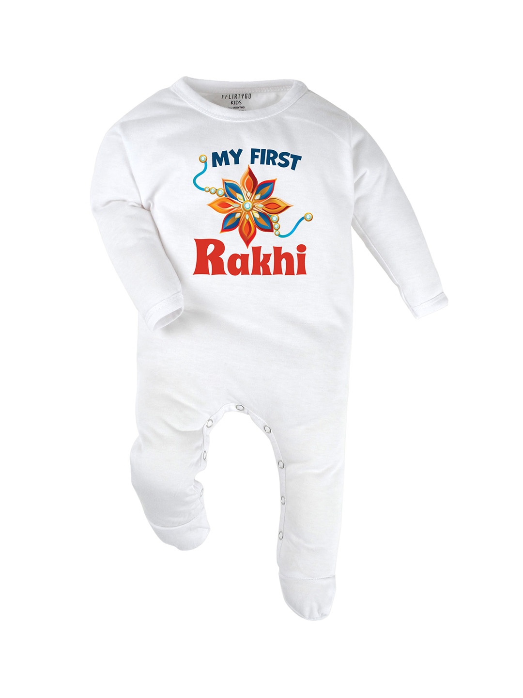 

FFLIRTYGO Infants Rakhi Special Printed Pure Cotton Sleepsuit, White