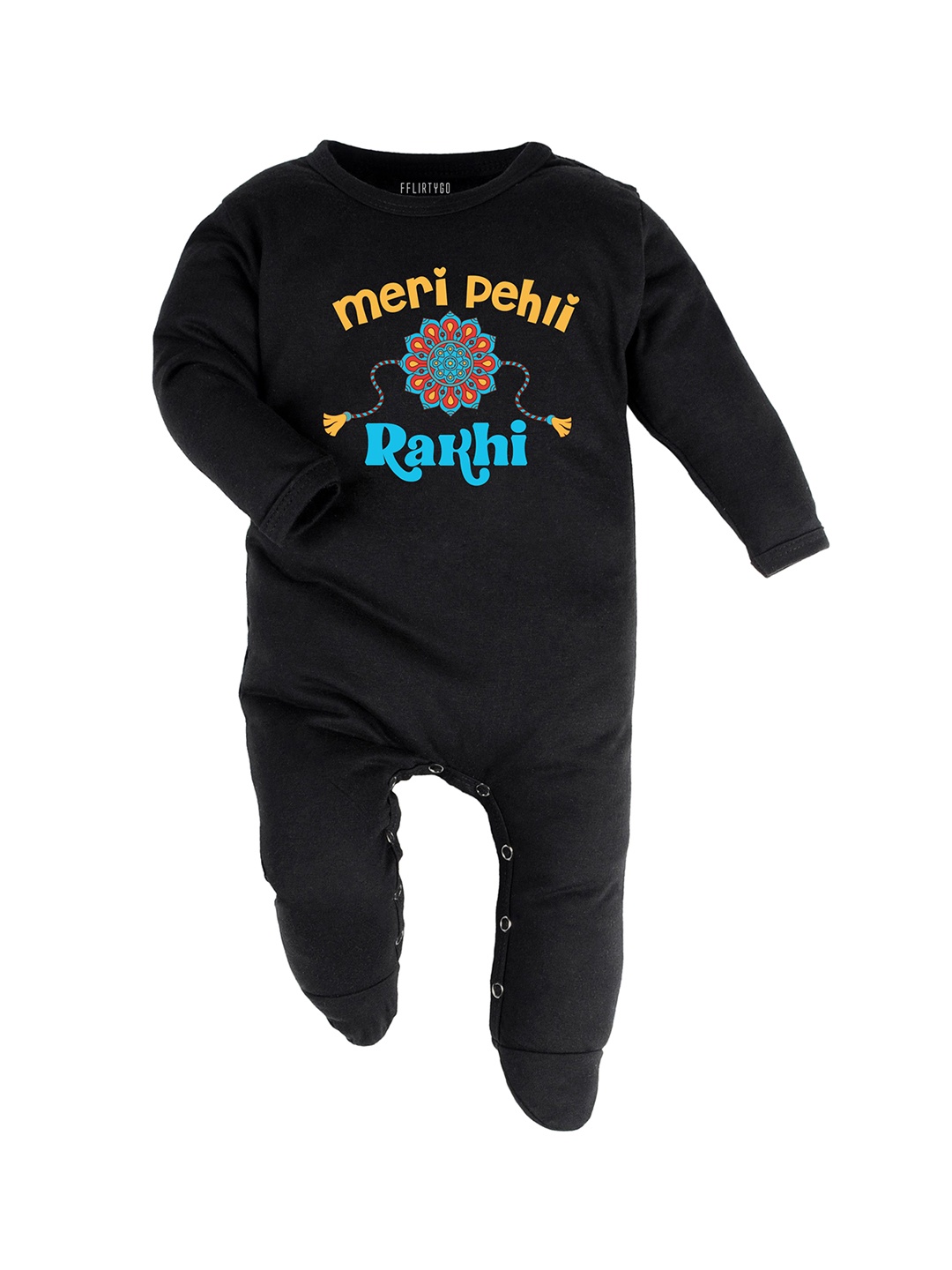 

FFLIRTYGO Infants Rakhi Special Printed Pure Cotton Sleepsuit, Black