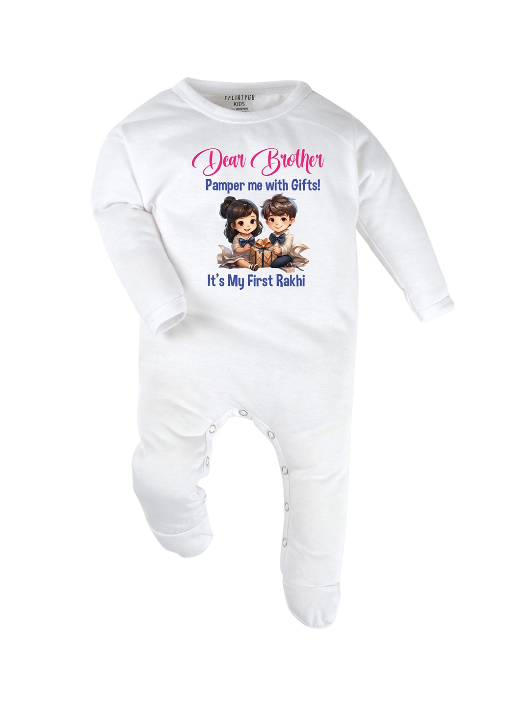 

FFLIRTYGO Infants Rakhi Special Printed Pure Cotton Sleepsuit, White