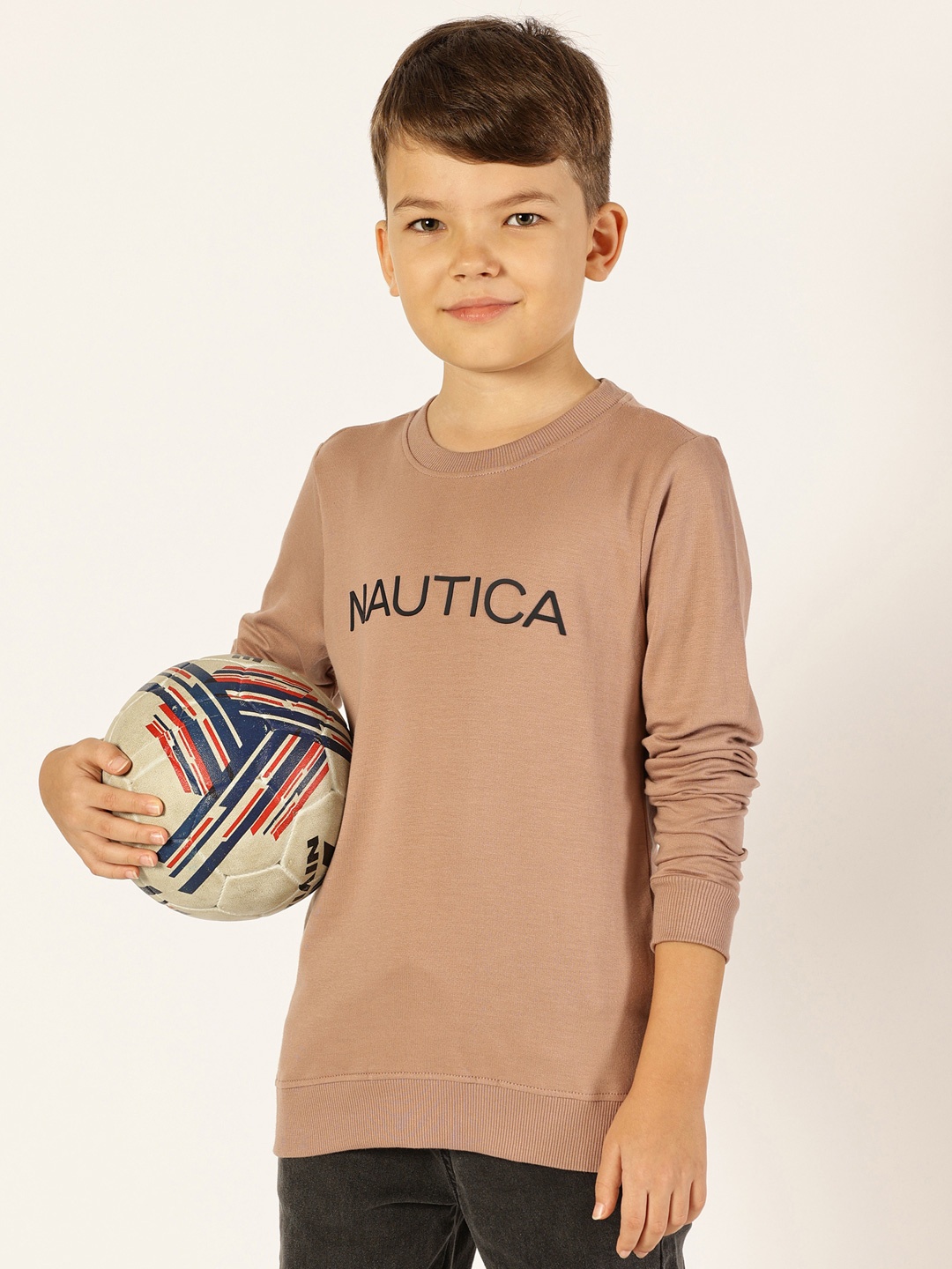 Nautica Boys Typography Printed Round Neck Cotton Sweatshirt, Brown
