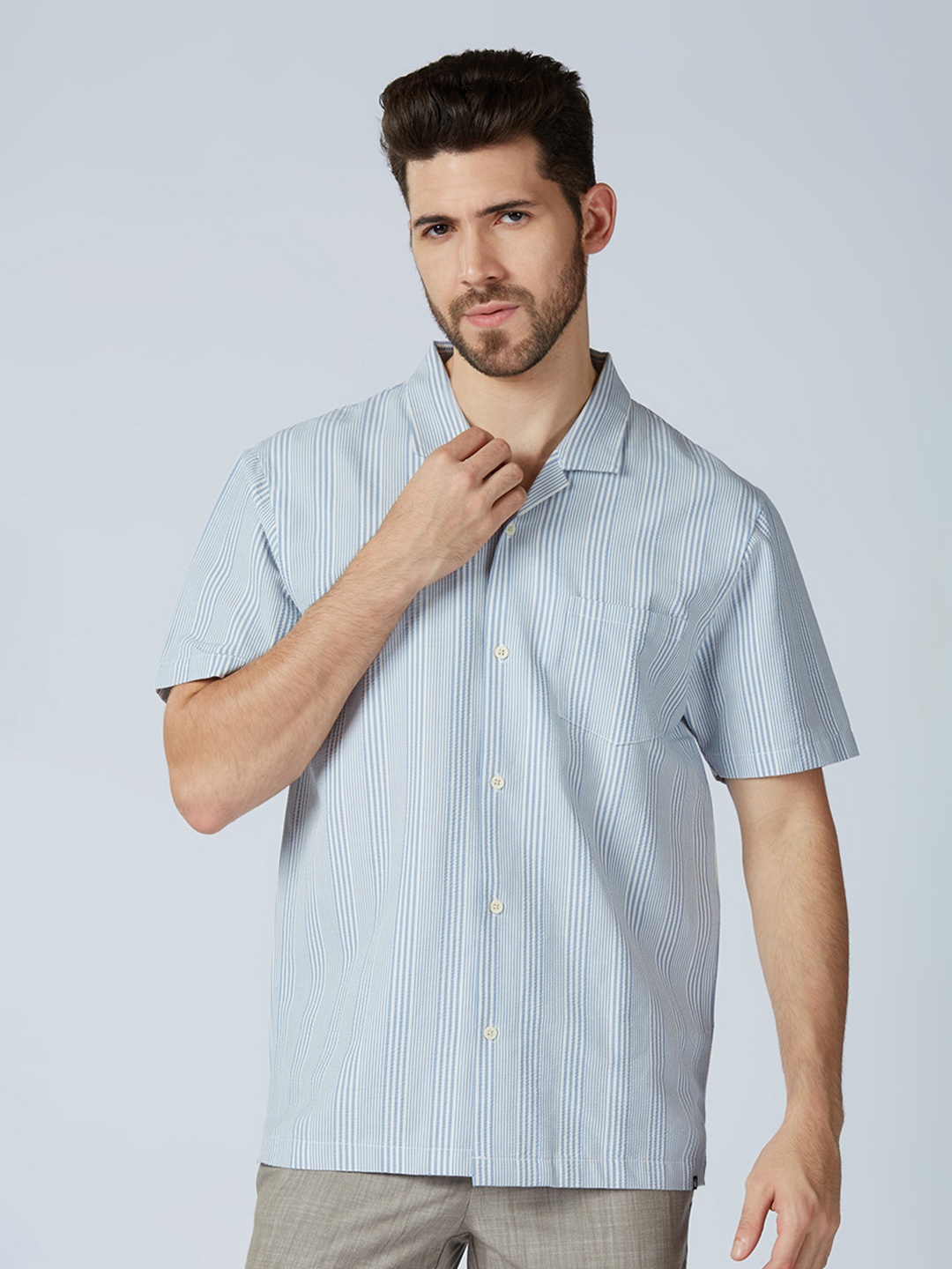

ONEMILE Men Classic Pinstripes Opaque Striped Casual Shirt, Lavender