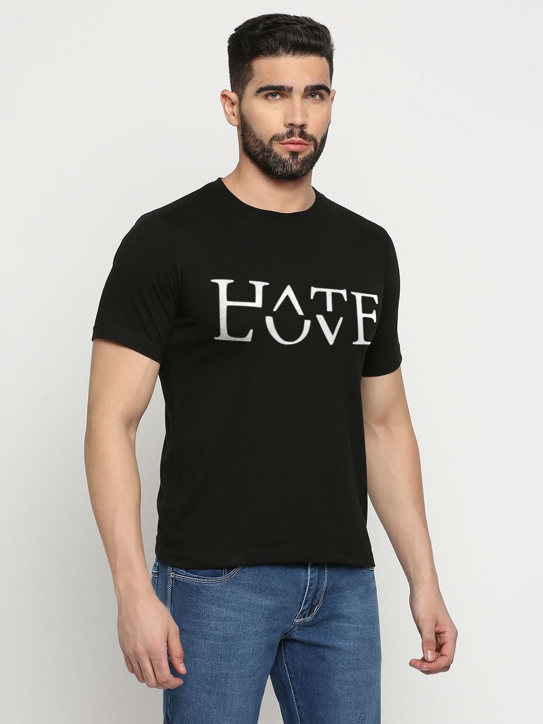 

MOD ECRU Unisex Typography Printed V-Neck Applique T-shirt, Black