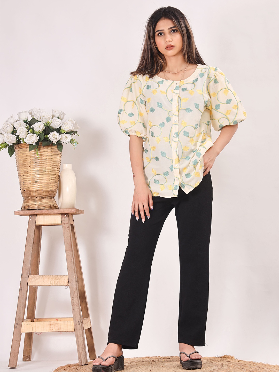 

SIDDHO HUM Floral Print Puff Sleeve Cotton Top, Off white