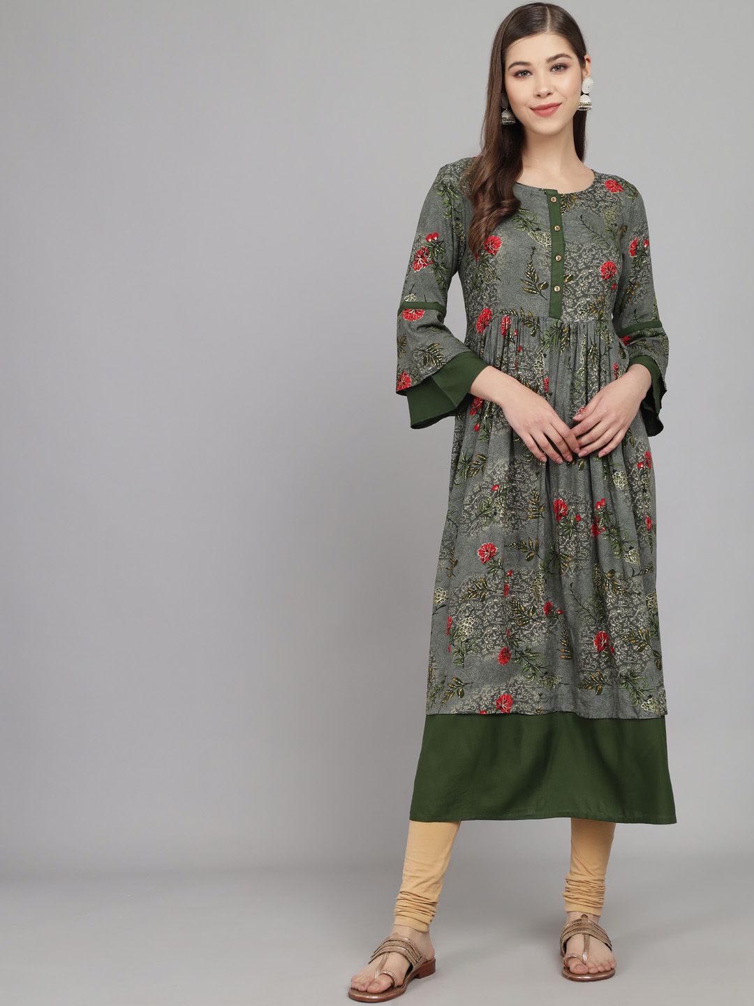 

Anouk Floral Print Bell Sleeve Liva A-Line Midi Dress, Green